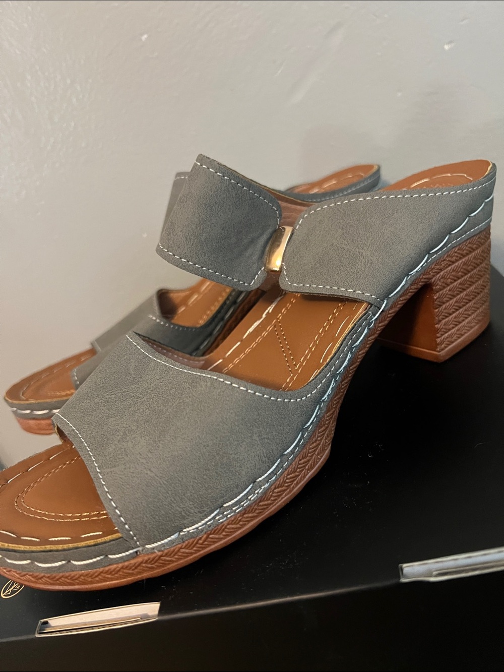 Soda Gray Open-Toe Block Heel Mules